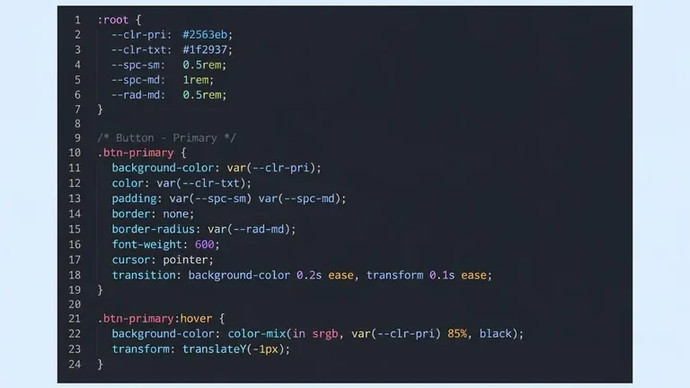 screenshot CSS variables design system dengan token warna spacing radius dan class button primary screenshot CSS variables design system dengan token warna spacing radius dan class button primary