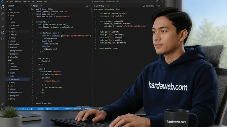 developer menulis kode React dan API Node di VS Code dengan hoodie hardaweb.com