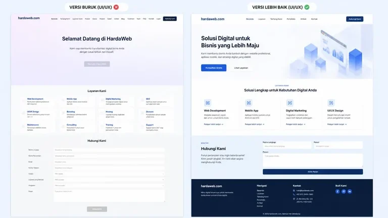 apa itu ui ux dalam web desain dengan perbandingan tampilan website buruk dan baik pada menu CTA card layanan dan form kontak apa itu ui ux dalam web desain dengan perbandingan tampilan website buruk dan baik pada menu CTA card layanan dan form kontak