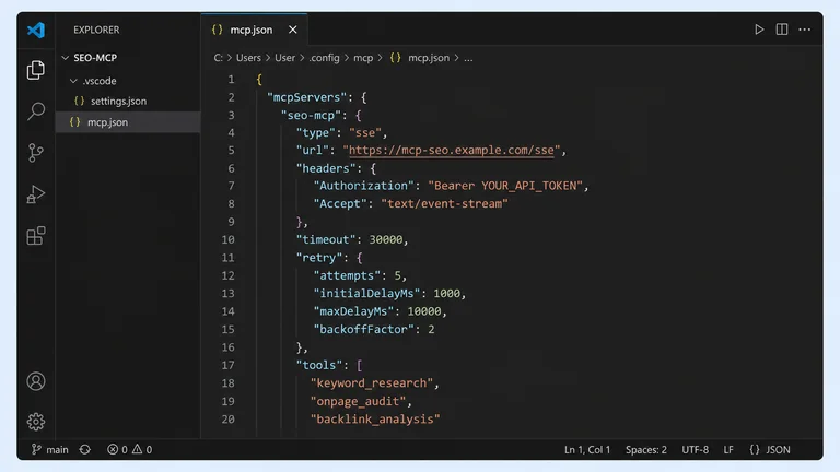 konfigurasi MCP SEO di Cursor lewat cuplikan JSON mcpServers