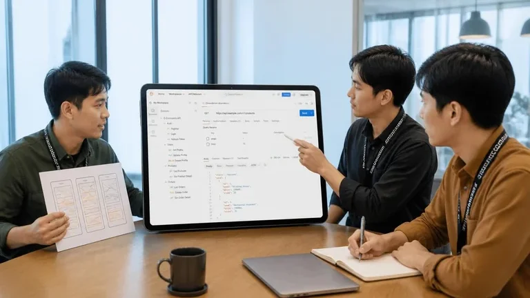 tim kecil di coworking Bintaro membahas stack website dan kontrak API