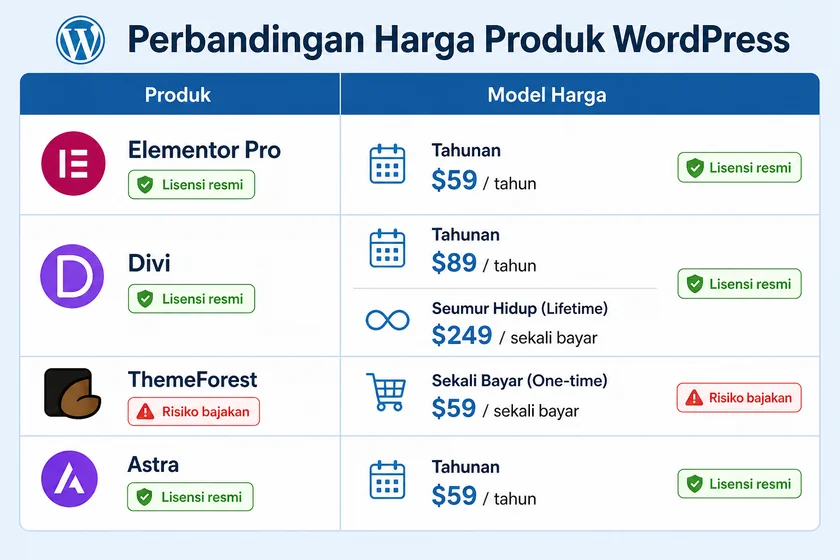 tabel perbandingan harga lisensi tema atau Elementor dan page builder WordPress